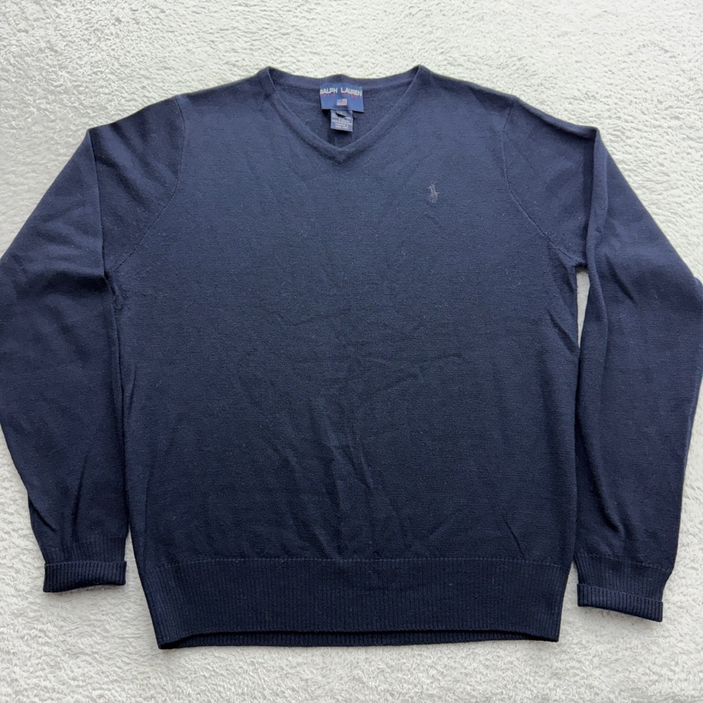 Ralph Lauren Polo Sport Mens Large Navy Blue 100% Lambswool V-Neck Sweater